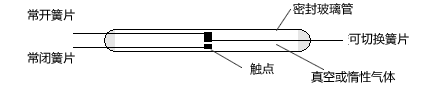 Form C (單刀雙擲 (SPDT) 三個(gè)簧片的磁簧開(kāi)關(guān)的基本結(jié)構(gòu)。